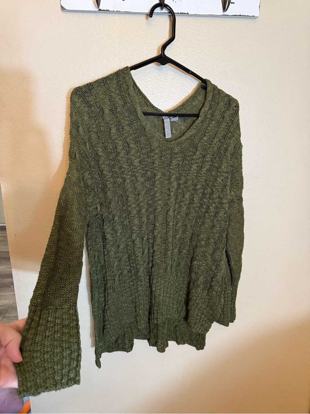 Olive Green Cable-Knit V-Neck Sweater